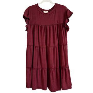 Entro Women’s Tiered Merlot Babydoll Ruffle Short Sleeve Mini Dress Size Small